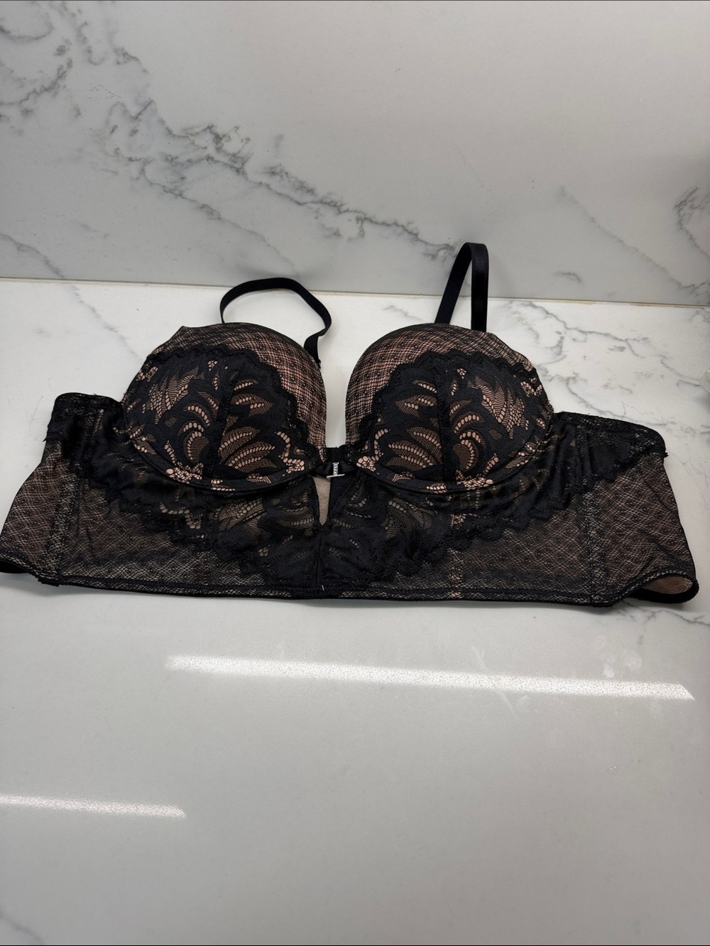 Adore Me Black Lace Longline Bra with Nude Underlay